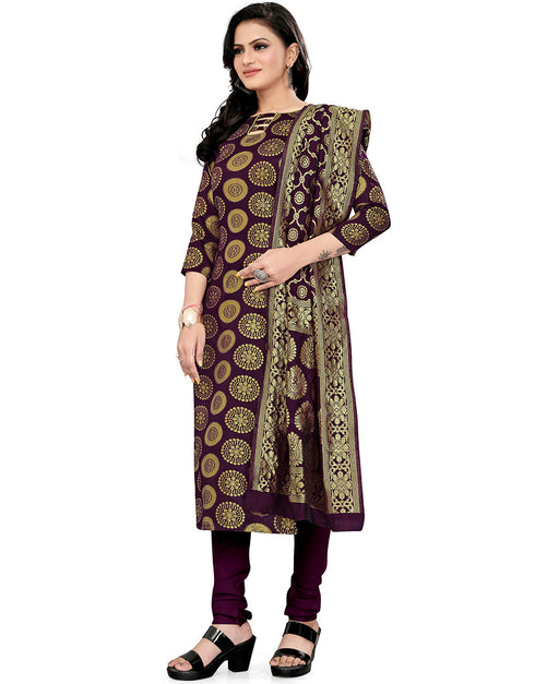 Traditional Party Wear Heavy Salwar Suit Purple Banarasi Silk Pant Straight Back View